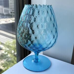 MCM Italian Empoli Hand Blown Blue Optic Glass Pedestal Brandy Snifter Vase 9.5"